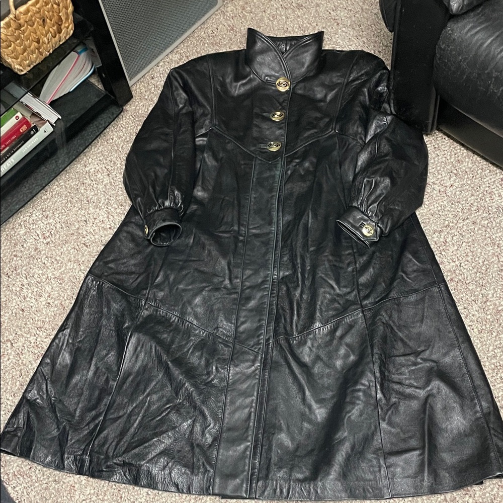 Vintage 90s Black Leather a line swingy bottom ankle length trench style Coat